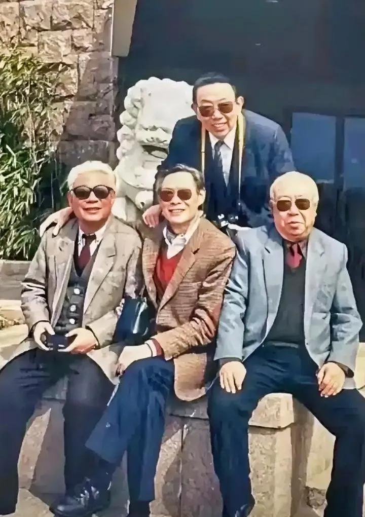 四位老艺术家，个个帅气儒雅，风流倜傥。中间的儒雅之士是《牧马人》中许灵均父亲的扮