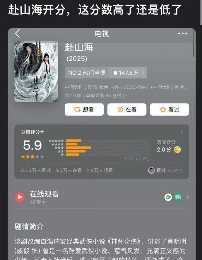 《赴山海》豆瓣开分：5.9，38 万人打分。
高了？低了？[吃瓜群众]
刷到一堆