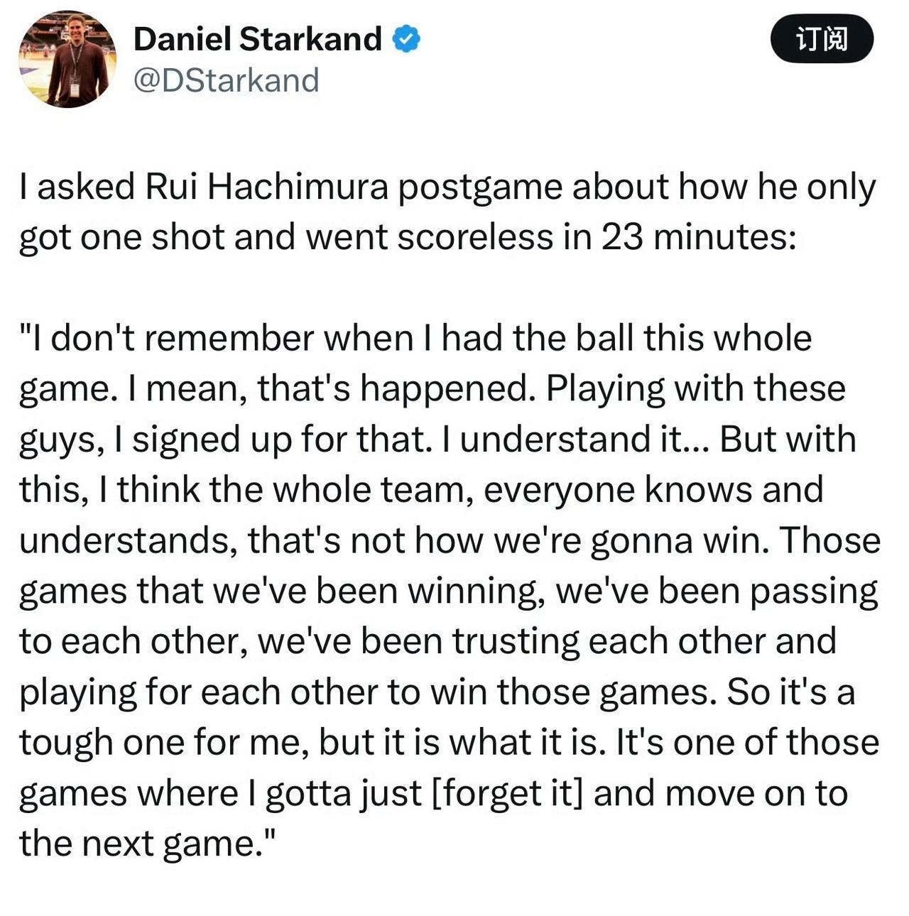 赛后记者问当八村，为何在出场23分钟里仅出手一次且一分未得，八村说：
“我都不记