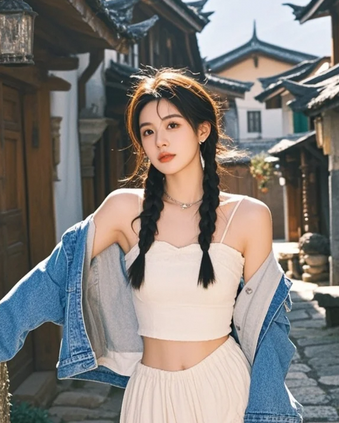 她在石板路上驻足，阳光也愿为她停留