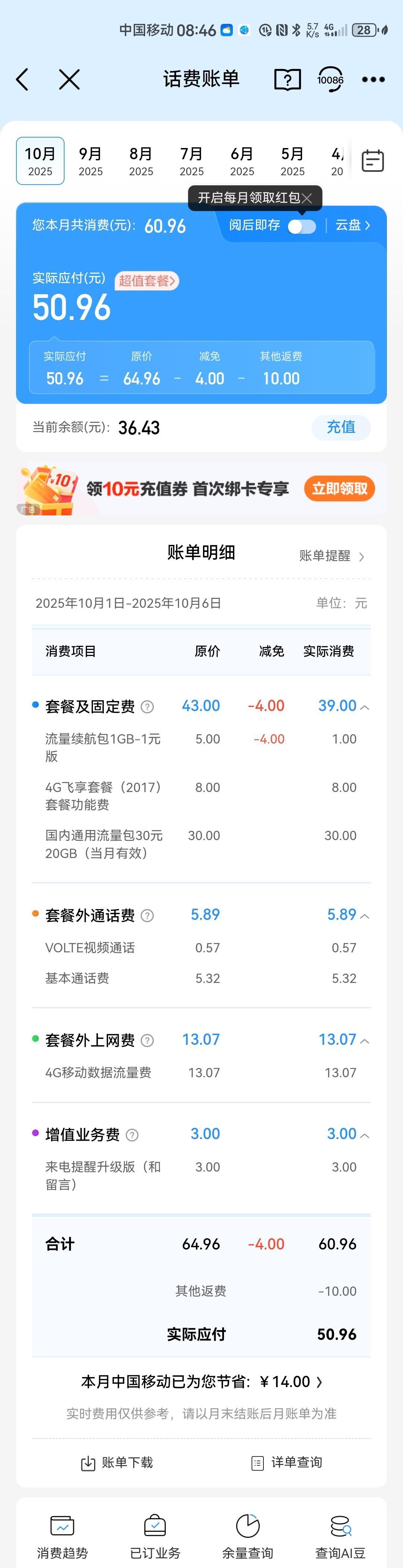 移动98元套餐改成8元套餐本月消费情况分享，今天是6号，我是上月底去移动营业厅办