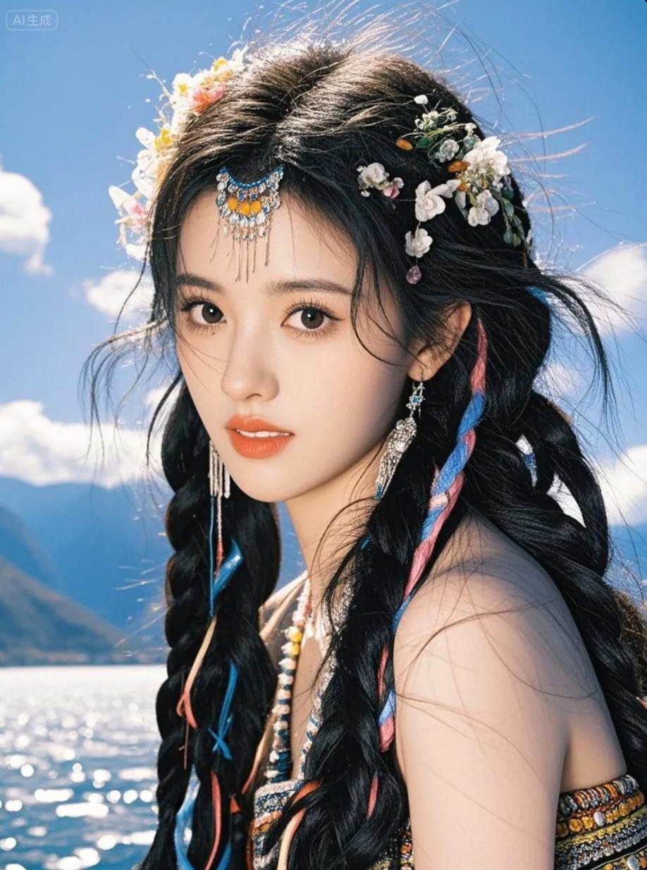 苗族姑娘银饰叮当，在湖畔吊脚楼前摆出舞蹈姿势
