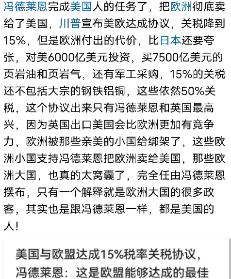 欧洲的政客开始发现被冯德莱恩卖了，都在呼吁欧洲应该联合中国反抗美国，其实欧洲就是