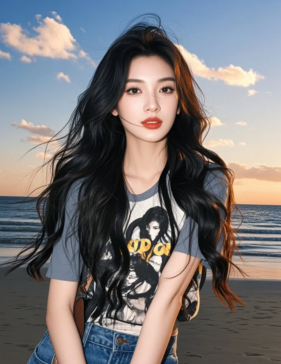 海风拂过，她的长发如丝绸般飞扬，充满活力