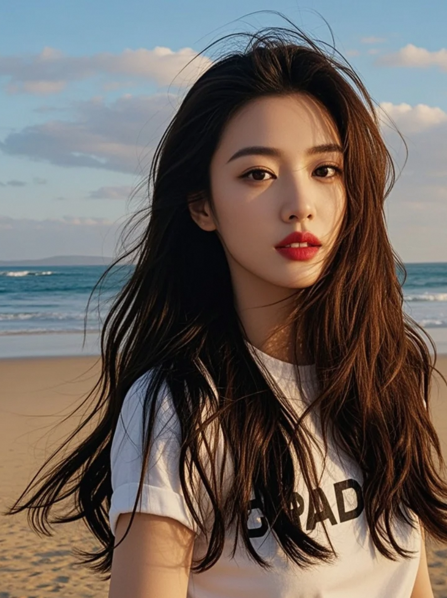 蓝天为幕，白沙为毯，她以阳光般的笑容点亮了整片海岸线