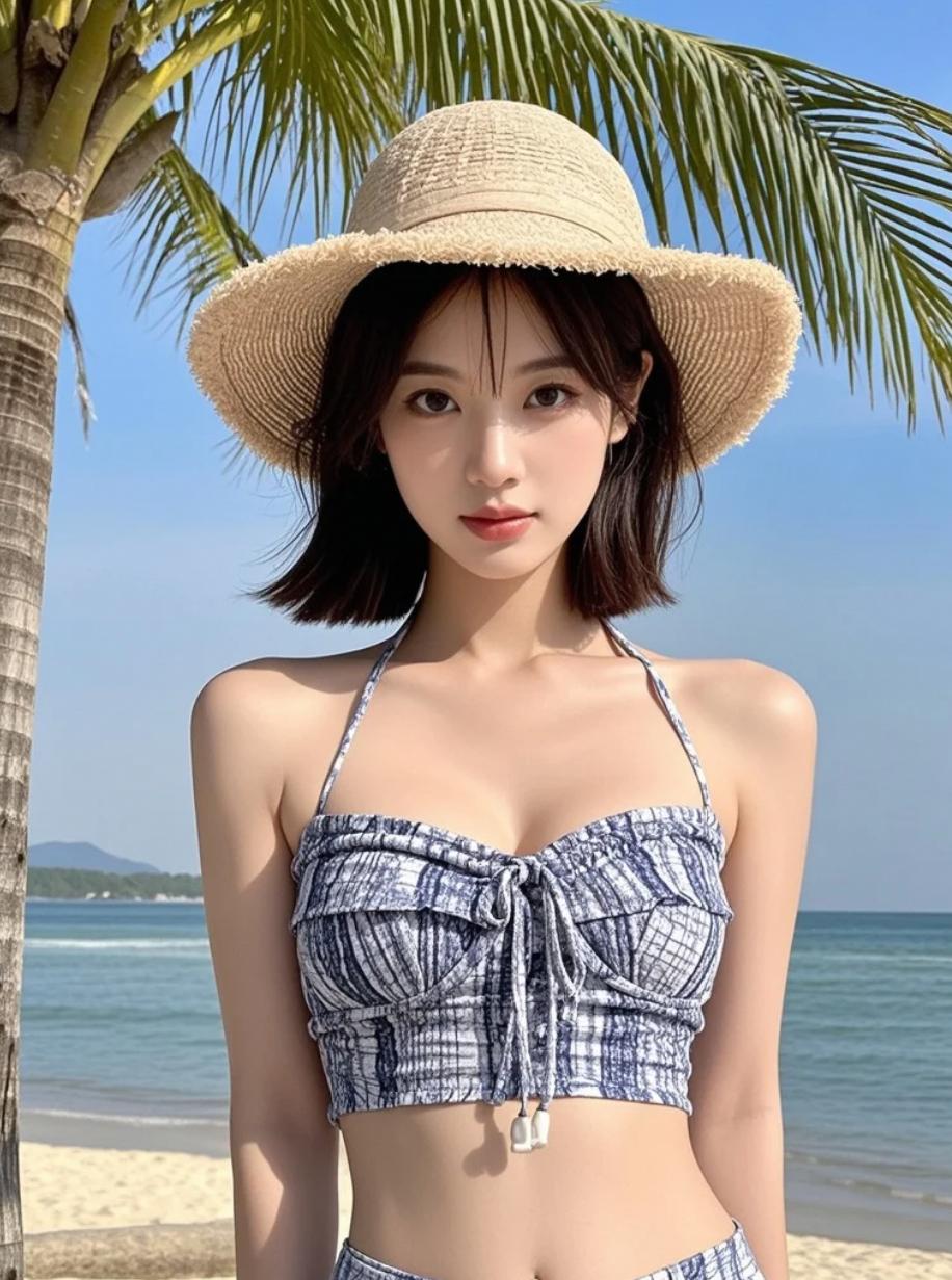 沙滩上的夏日故事，美女与椰子树