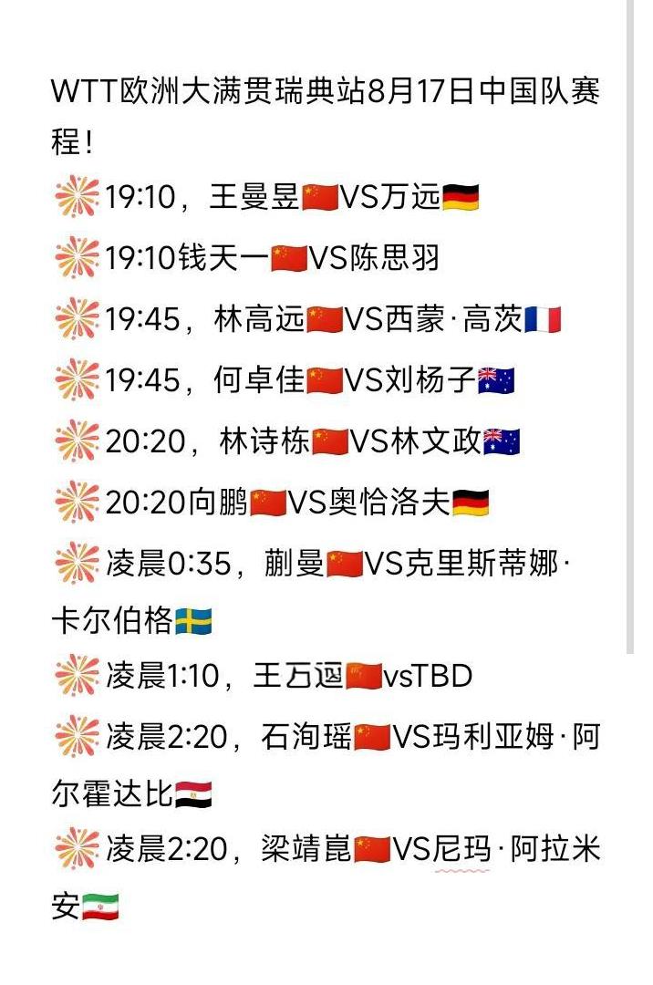 明日（8月17日，周日）赛程！
WTT欧洲大满贯瑞典站8月17日中国队赛程如图。