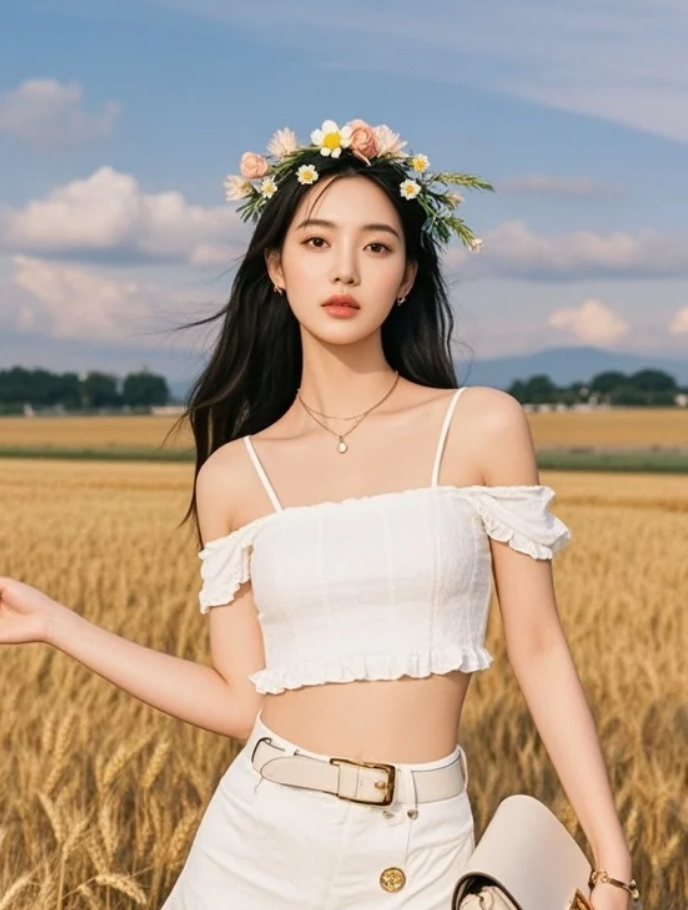 风卷起她的长发，与翻滚的麦浪融为一体，分不清是风还是情愫。