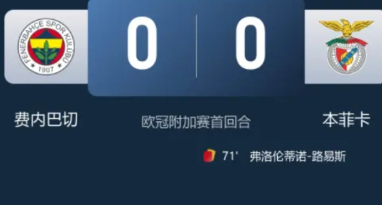 欧冠附加赛首回合，费内巴切0-0十人本菲卡，恩内斯里破门被吹。等下一轮看，费内巴
