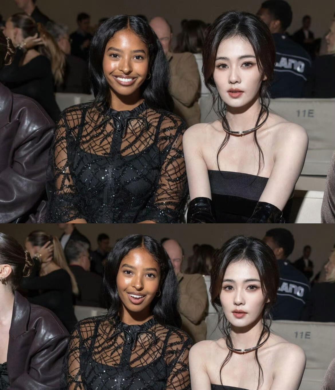 白鹿和科比大女儿一起看秀被拍到啦！网友狂赞：白鹿这皮肤也太白了叭，不愧是“牛奶皮