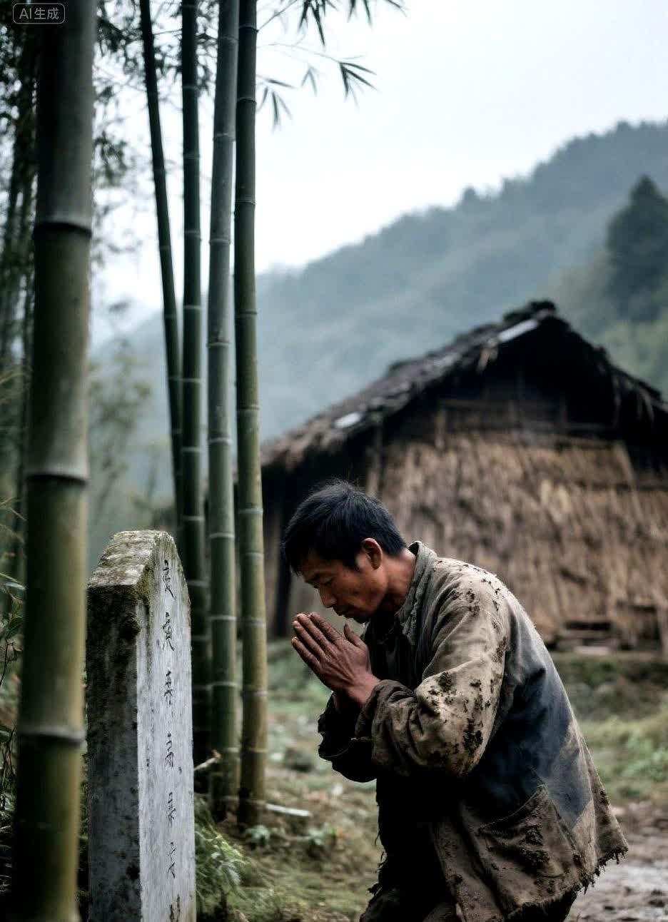 男子和母亲生活在偏远山村，母亲去世后，男子将母亲埋在屋后竹林边。

这天早上