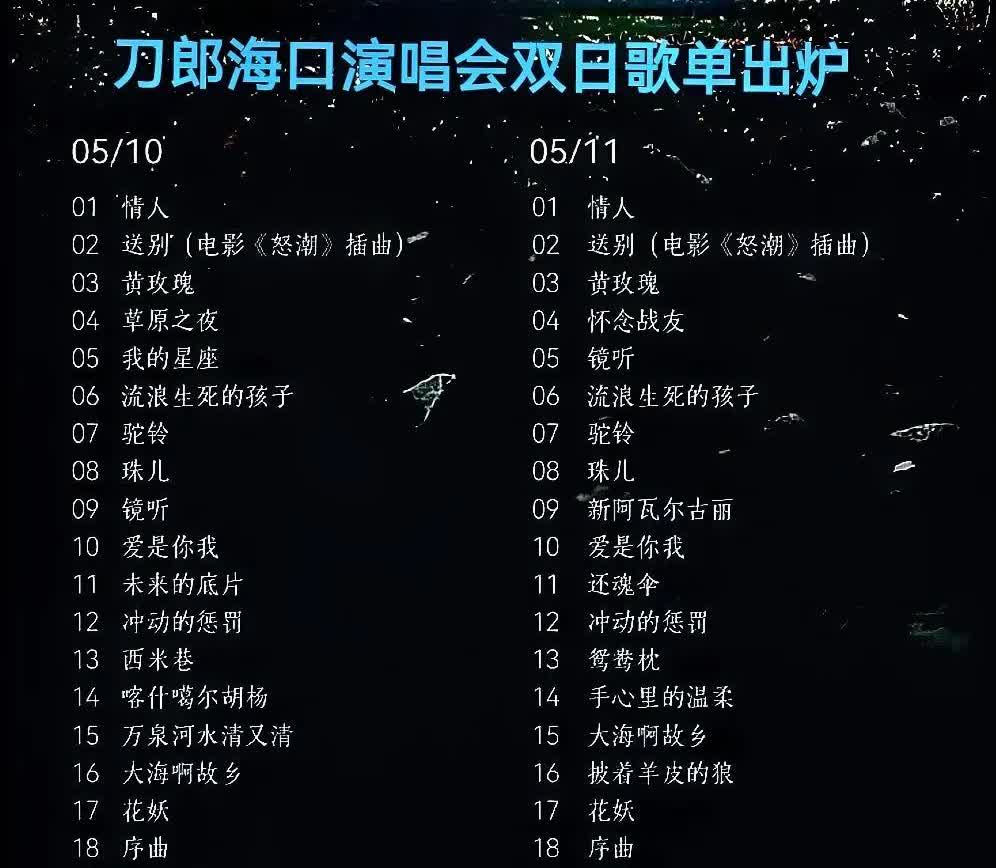 刀郎海口演唱会双日歌单已官宣，开场歌曲和深圳演唱会一样是《情人》，同时两场新增了