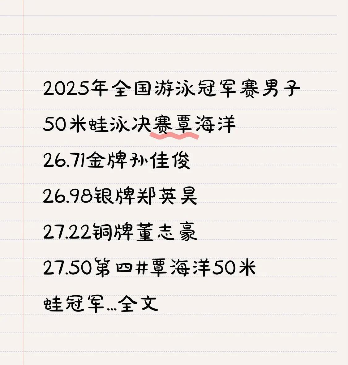 2025年全国游泳冠军赛男子50米蛙泳决赛中，覃海洋以26.71的成绩荣获金牌，