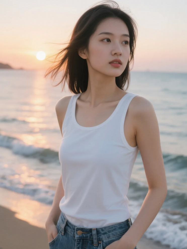 海天相接处，一抹白色背心定格的初阳之美