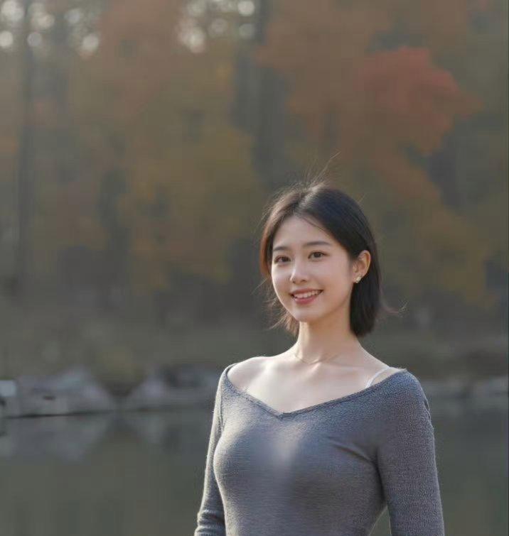 秋日湖边，小姐姐笑容如花绽放，生活的美好尽在这一刻。