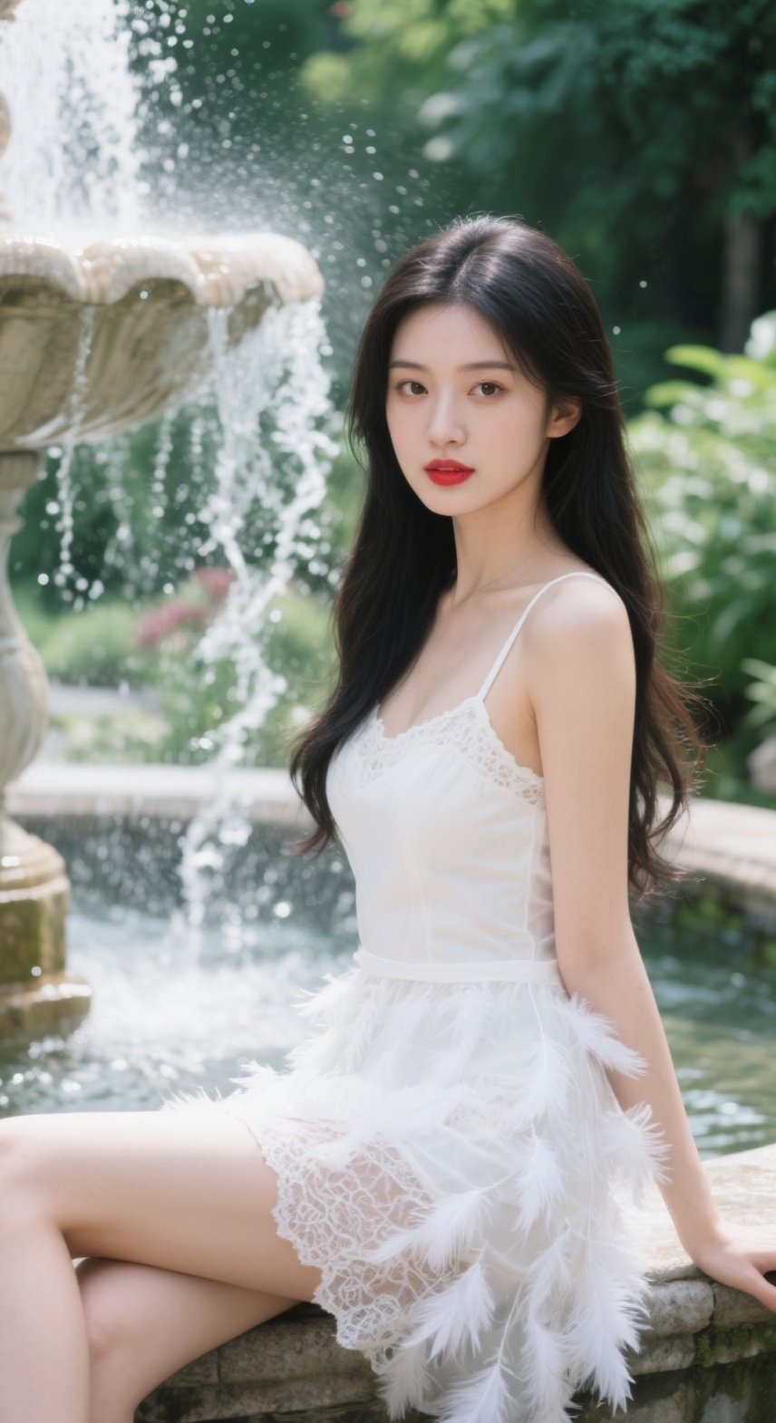 池边俏女郎水光映仙姿喷水池写真