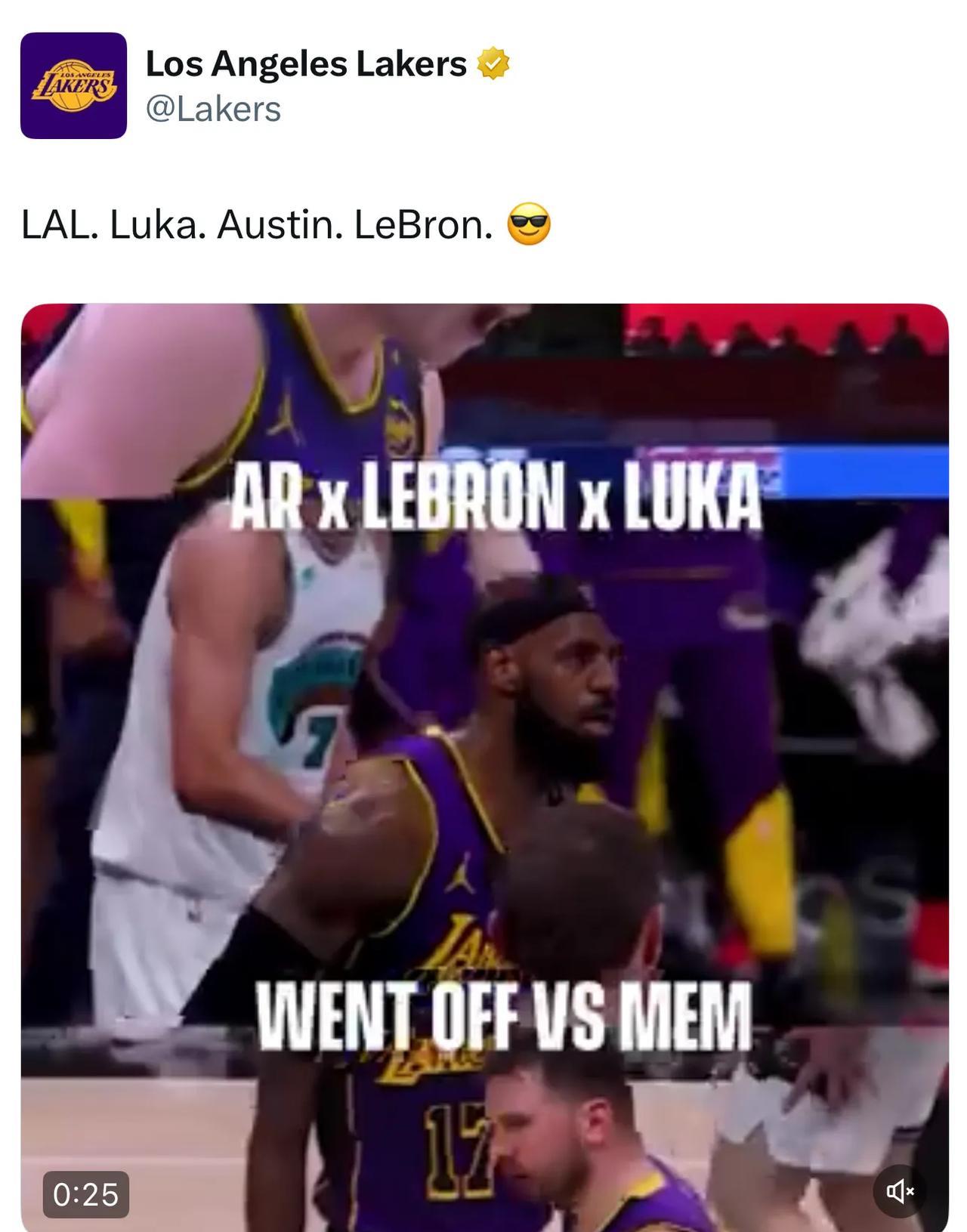 湖人官方认定三巨头“LAL组合”：顺序为Luka（卢卡东契奇）、Austin（奥