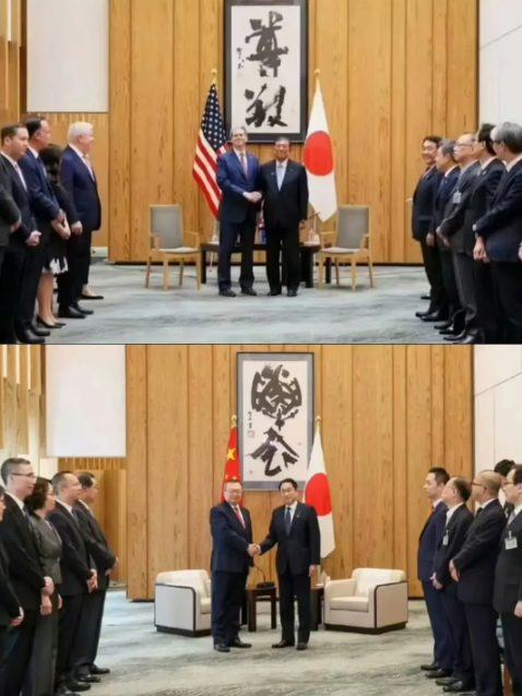 日本首相会见中美嘉宾，悬挂的不同汉字字幅