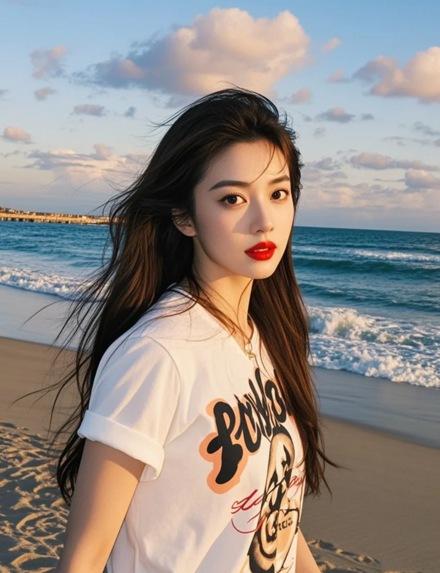 夕阳把她的长发染成渐变色，从紫檀到琥珀的过渡