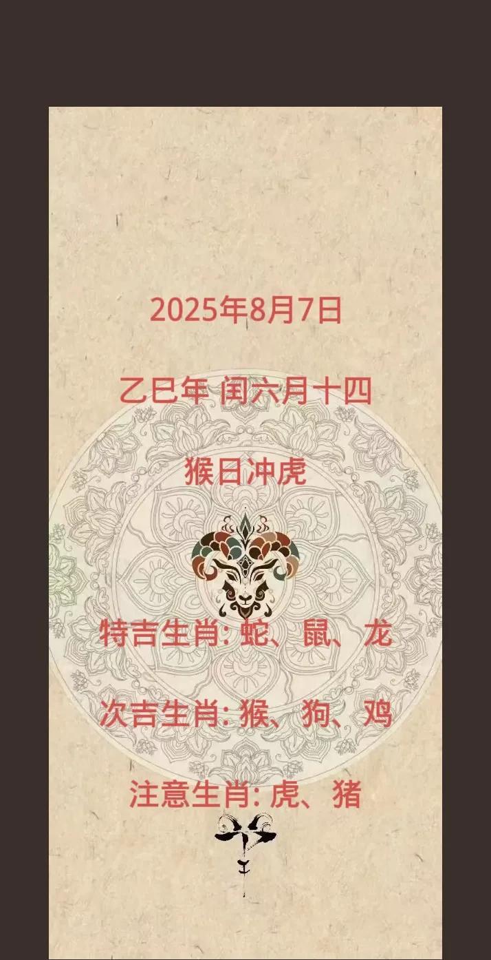 2025年8月7日
乙巳年 闰六月十四
猴日冲虎
特吉生肖: 蛇、鼠、龙
次吉生