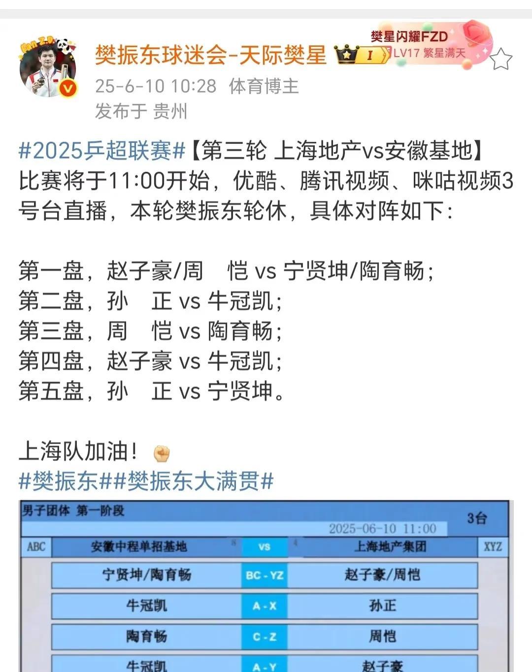 乒超联赛马上开始了，今天乒超上海地产队一哥赵子豪终于出场了！
    昨天太辛苦