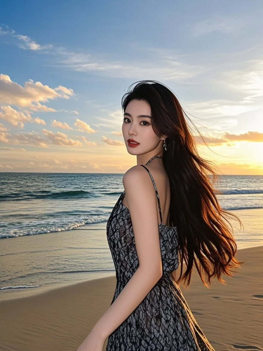 裙摆飞扬，长发飘逸，定格海边的灵动瞬间