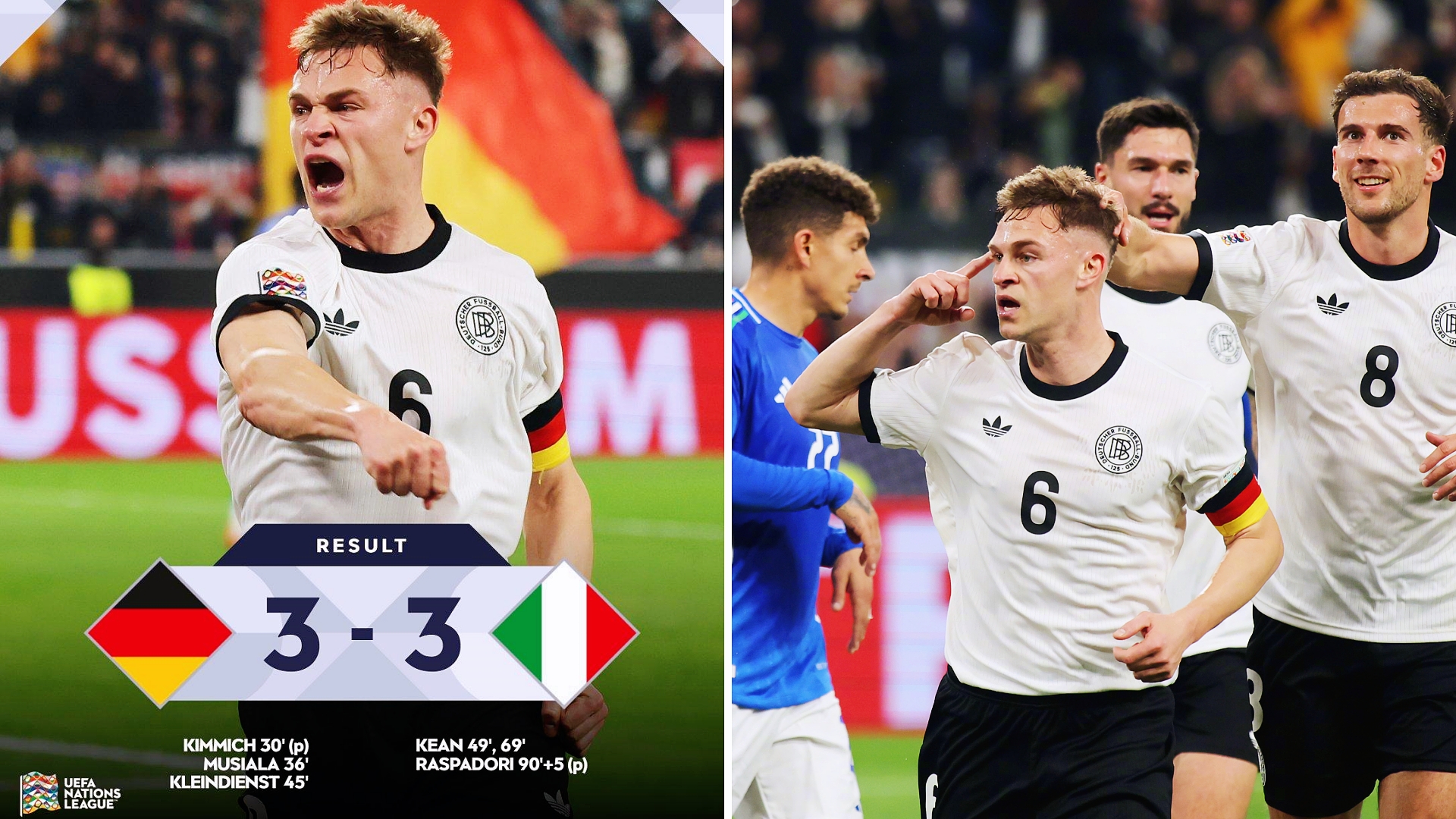 欧国联：德国主场3-3战平意大利，总比分5-4杀入四强。
基米希2传1射，小基恩