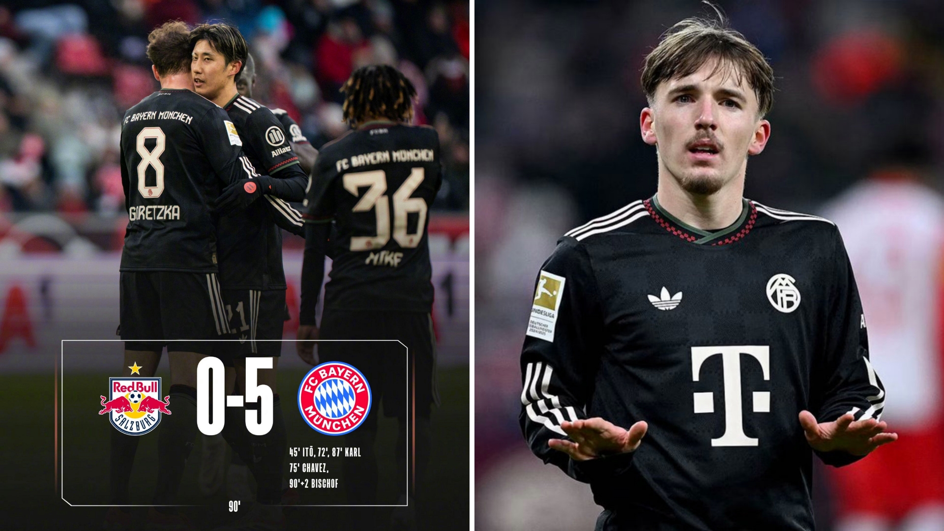 冬歇期后首场热身赛：拜仁5-0大胜萨尔茨堡。
17岁的卡尔2射1传，迪亚斯完成助