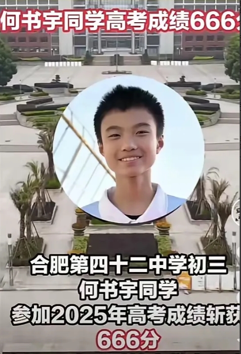 必须要承认有天才的存在！安徽一个初三男生，今年直接参加了高考，考了666分，硬是