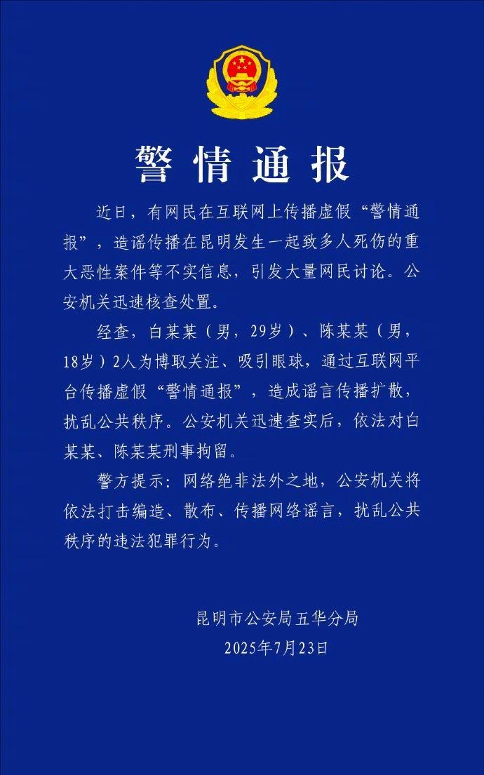 #所谓昆明131死案件系谣言#【#2人用假的警情通报传谣被刑拘#】今天，昆明市公