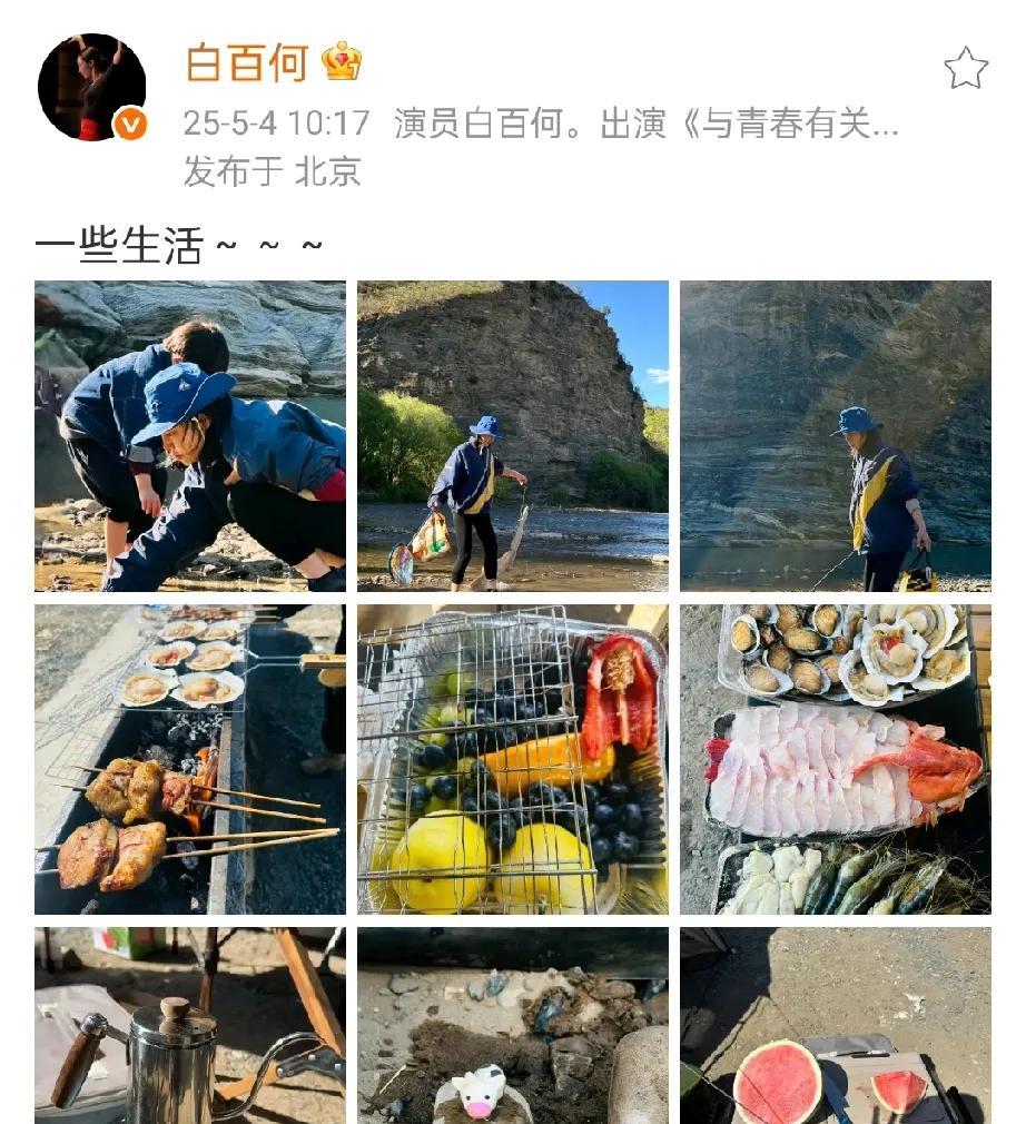 白百何晒假期生活照片，带着儿子去户外野餐，这食物也太丰盛了吧，不光有烧烤，还有各