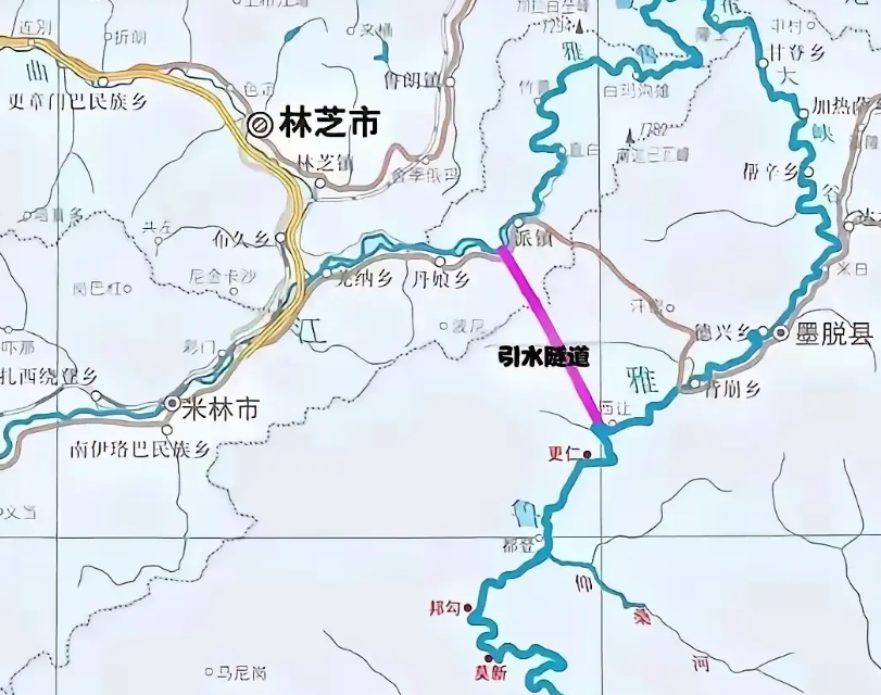 雅鲁藏布江水电站的基本原理就是在图1的紫色线条处斜向打个直径10米的山洞，让水从