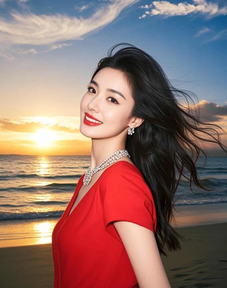 浪花在脚边碎成珍珠，她的发梢沾着细碎的金色阳光