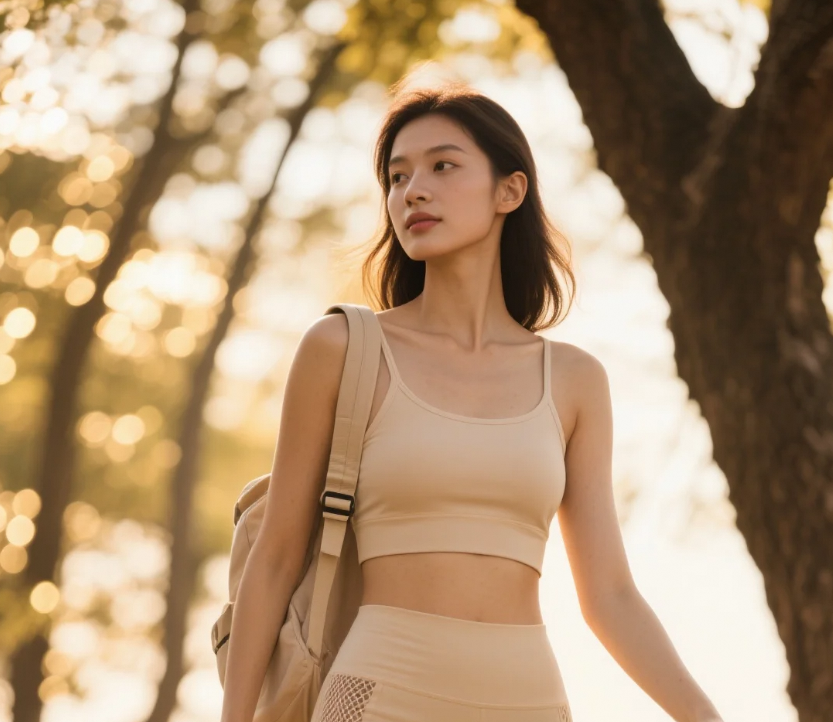 校园林荫道：杏色运动装与树影斑驳