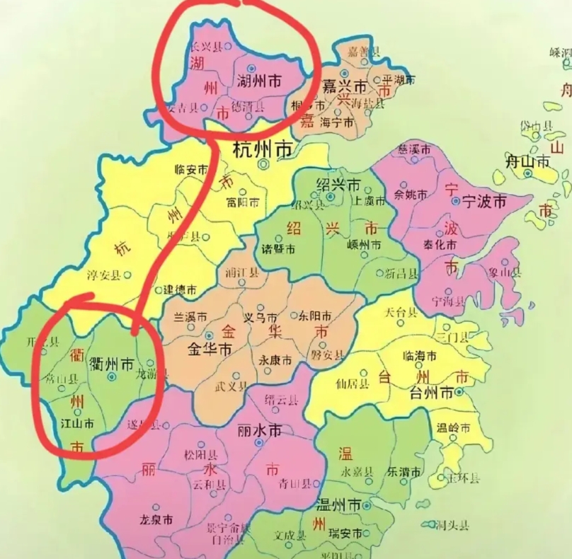 原来湖州和衢州中间正好隔了一个杭州市，这样的地理位置真是太有意思了，两地距离是3
