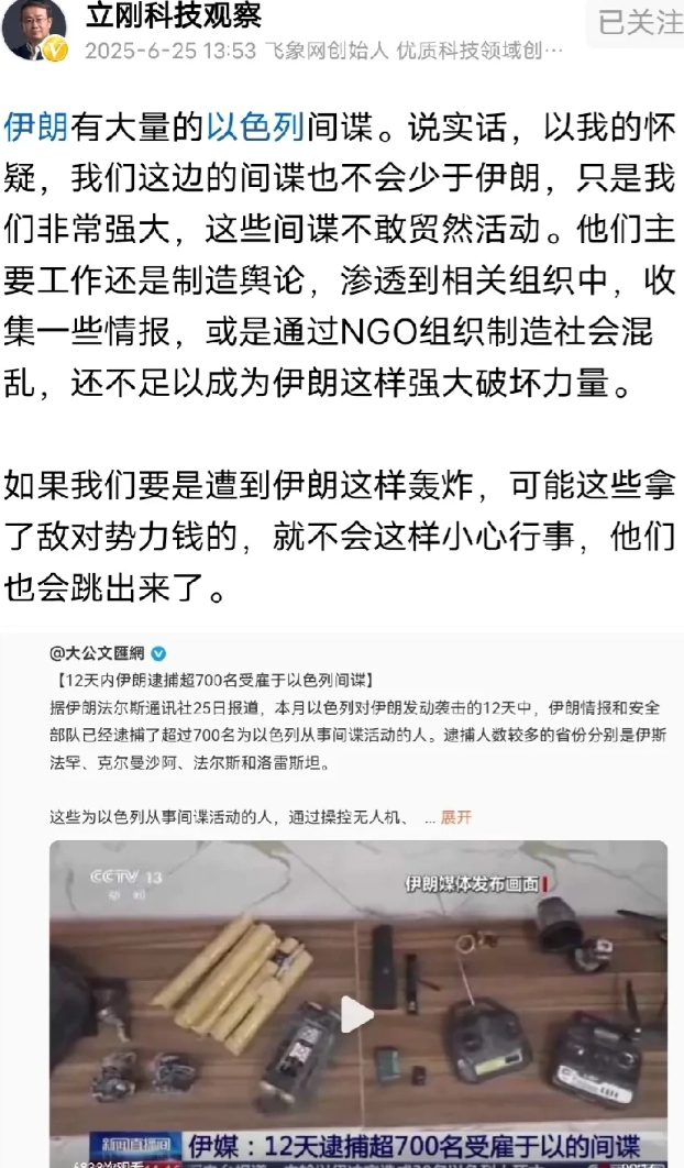 伊朗12天抓了750名摩萨德的间谍，项立刚称他怀疑我们这也有大量的这样的人，而且