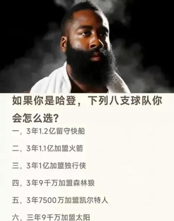 如果我是哈登，我会选一，原因有五个：

1、薪水最高，别和钱过不去；
2、快船在