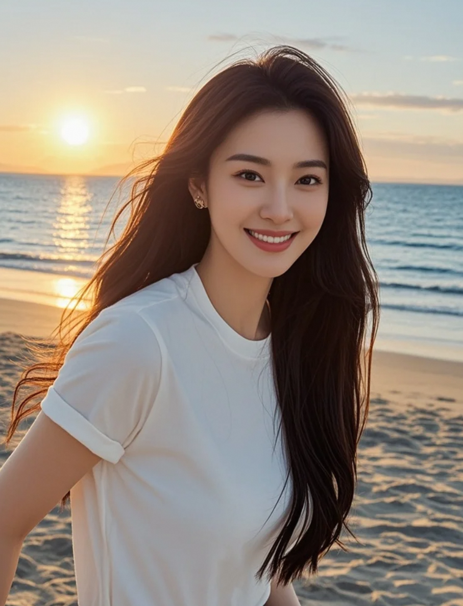 她的身影融入落日余晖，T恤休闲却气场不凡，是沙滩上最耀眼的明星风景