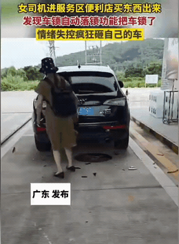近日，湖南一女司机将车停在服务区后没拔钥匙，下车购物回来发现车门自动锁死。她抡起