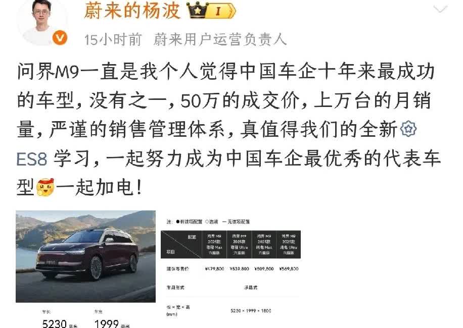 蔚来的高管杨波说问界M9是中国车企十年来最成功的车型，没有之一。
50万的成交