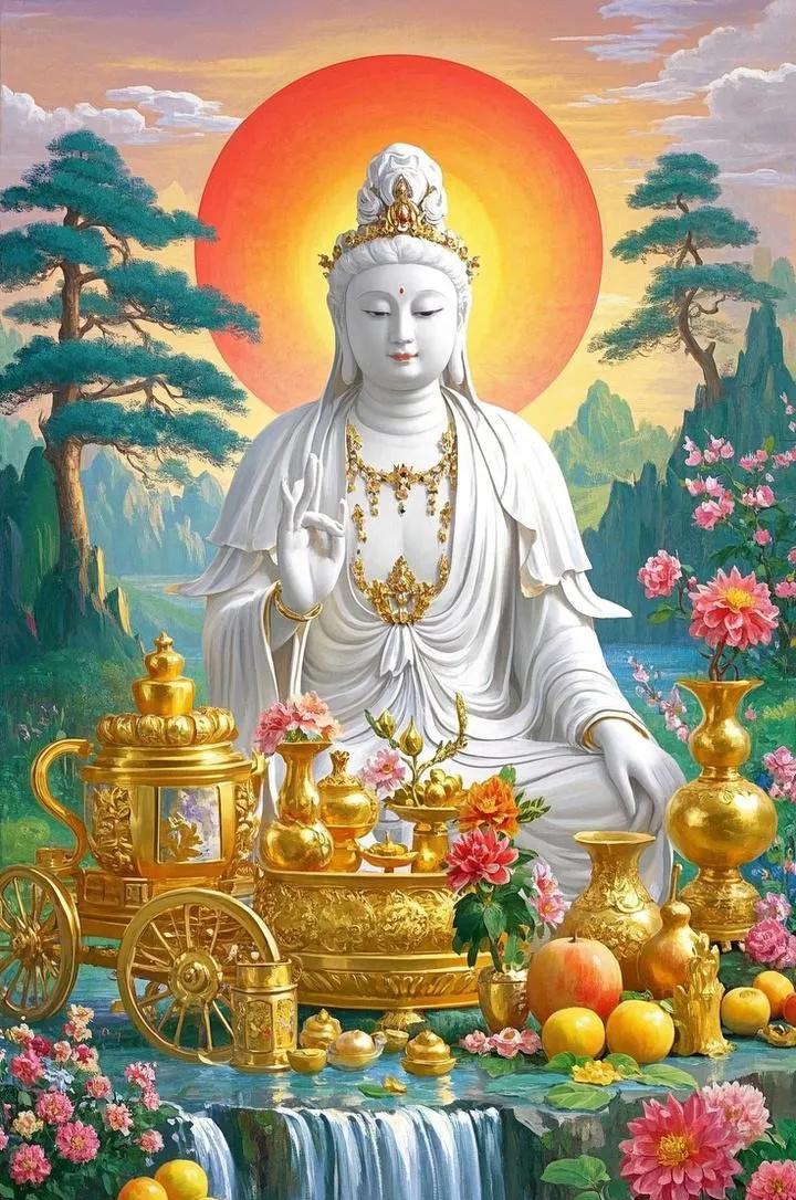 观音菩萨听我求，消灾解难不用愁。
观音菩萨坐莲舟，苦海渡人上福楼。
观音菩萨拂杨