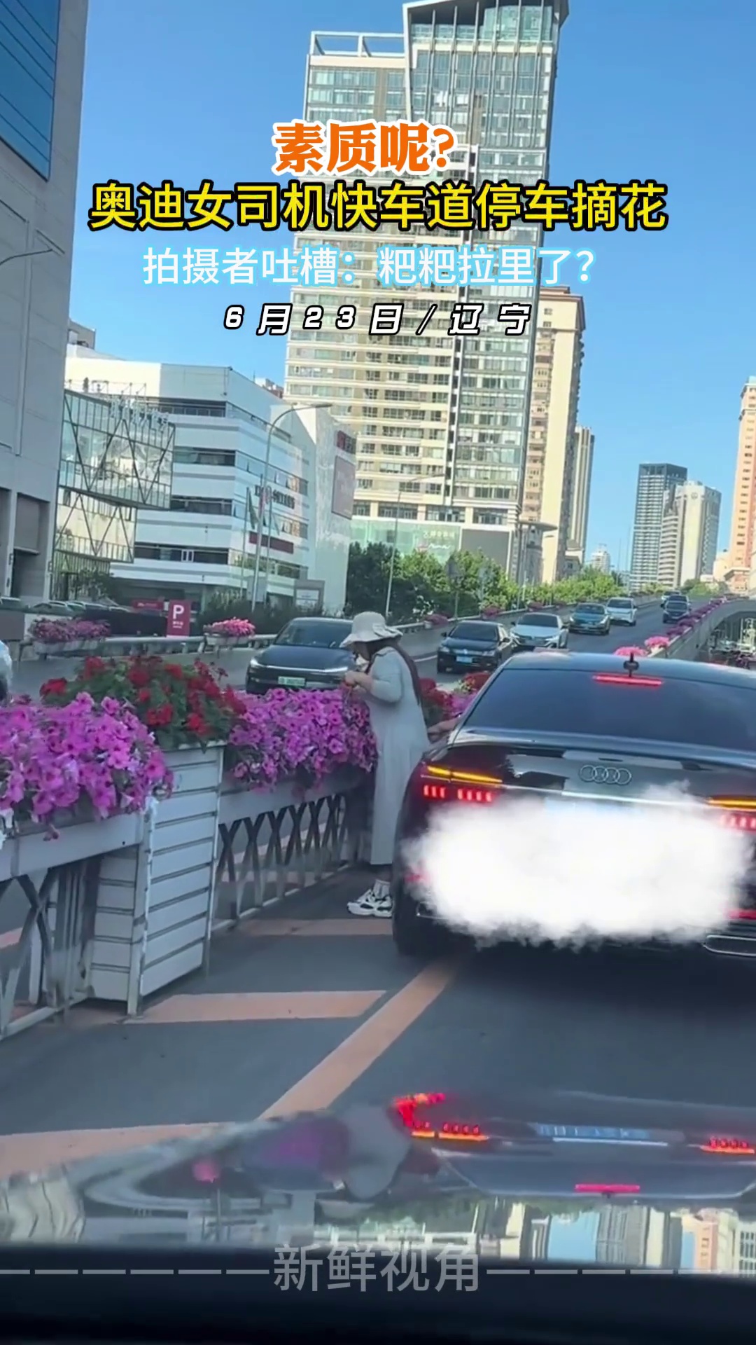 素质呢？奥迪女司机快车道停车摘花