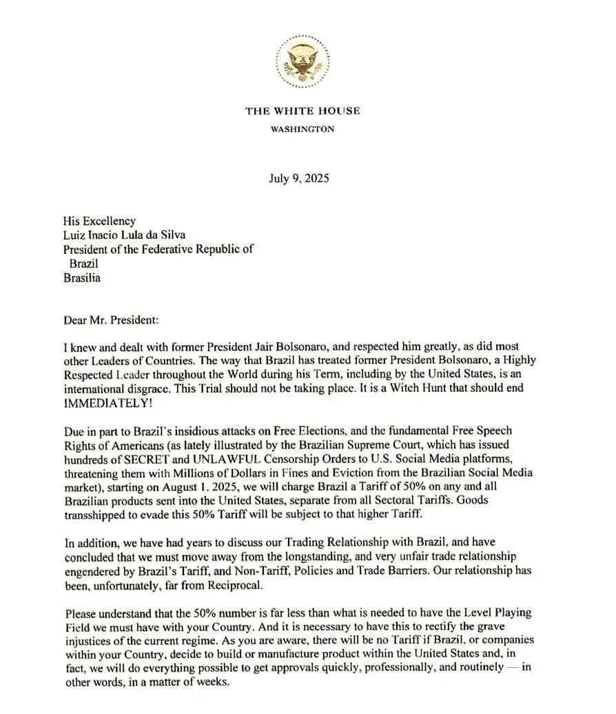 Trump致信巴西总统：所有进美国商品，征50%关税（钢铝铜等除外，另算）
很显