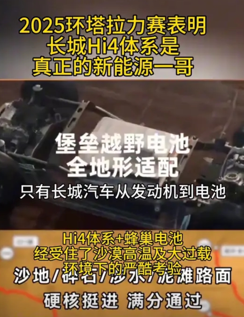 这次二零二五环塔拉力赛只有长城汽车从发动机到电池全部使用了自家产品，相比于未战而