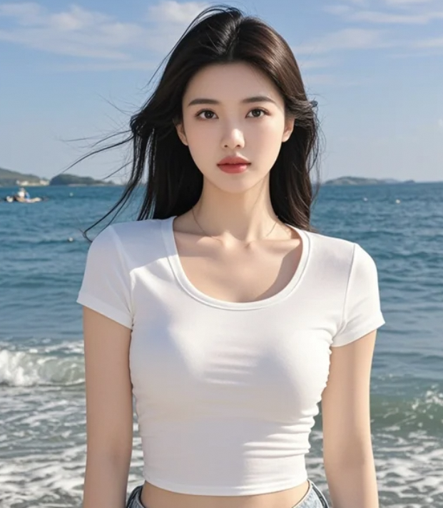 清晨的海滩，她像一道温柔的风景线
