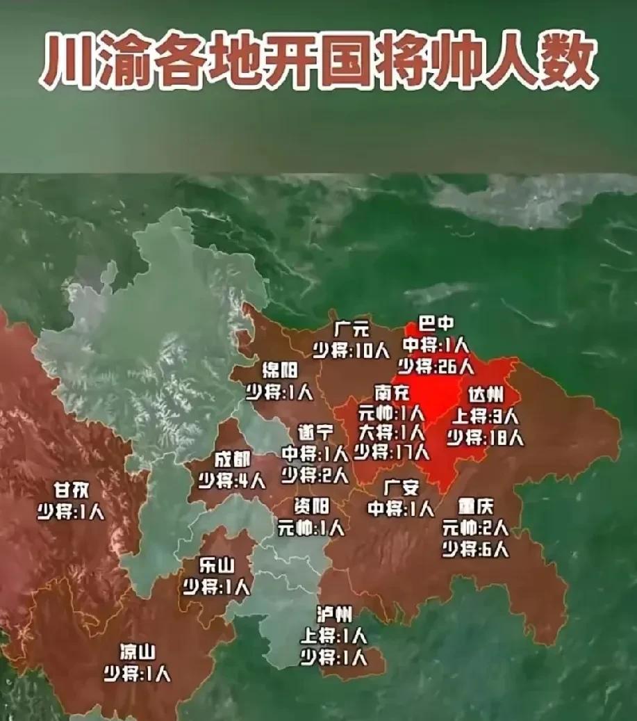 川渝各地开国将帅的人数
川渝大地，实乃将星璀璨之地，开国将帅人才辈出！
南充表现