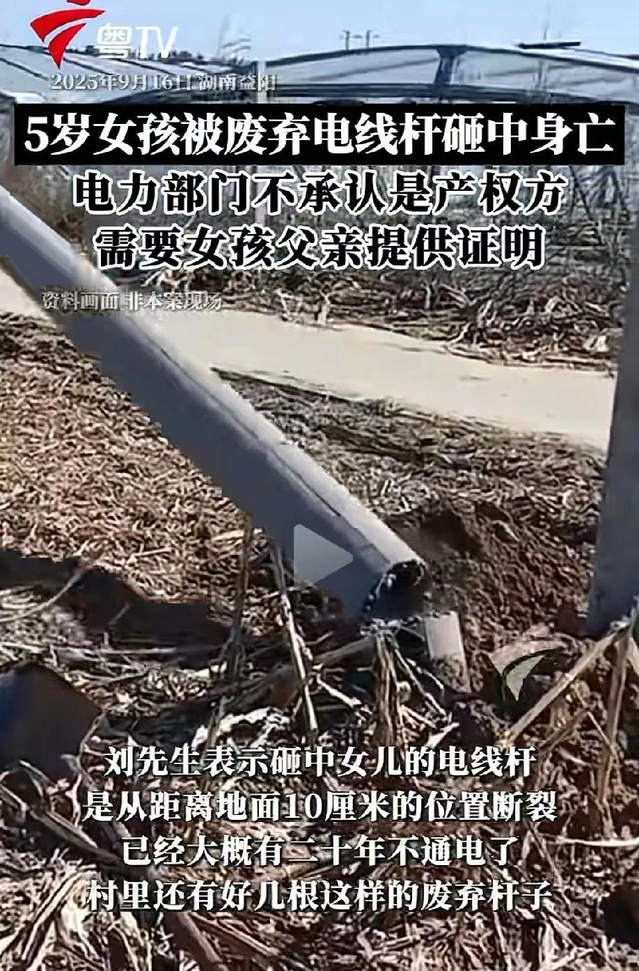 湖南益阳，5岁女孩玩耍时，村里的废弃电线杆突然断裂，女孩不幸被砸中身亡，女孩父亲