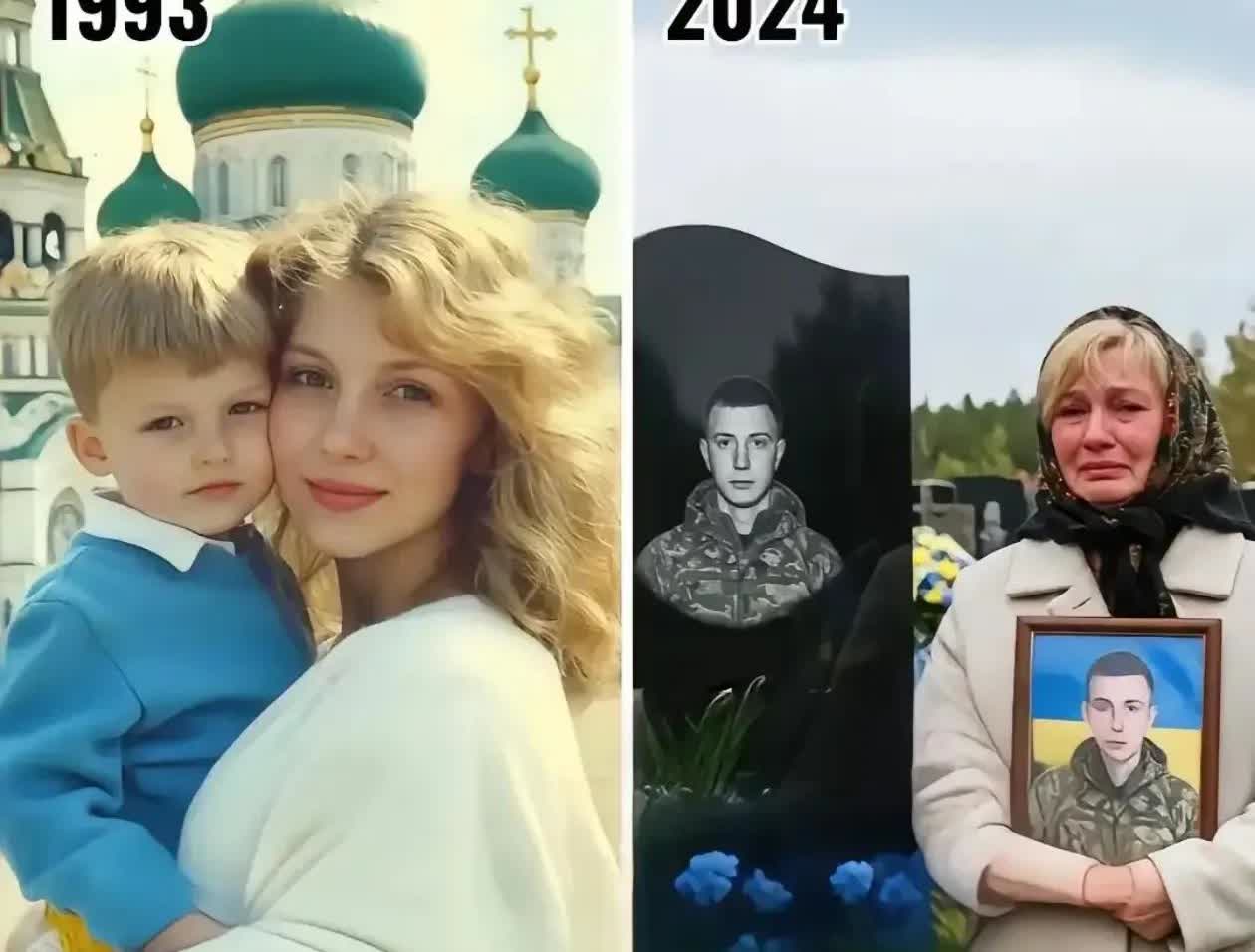 最近外网很火的一组对比图
1993年和2024年一位乌克兰妈妈和他儿子的合影
