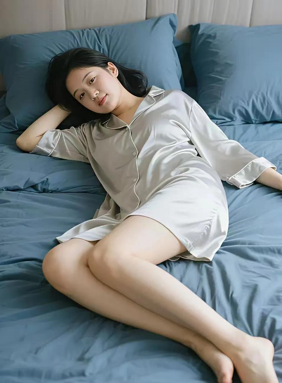 夜卧佳姿
浅蓝衾似海波柔，
缎睡佳人梦底留。
睫映月光肌胜玉，
偷闲此刻忘烦忧。