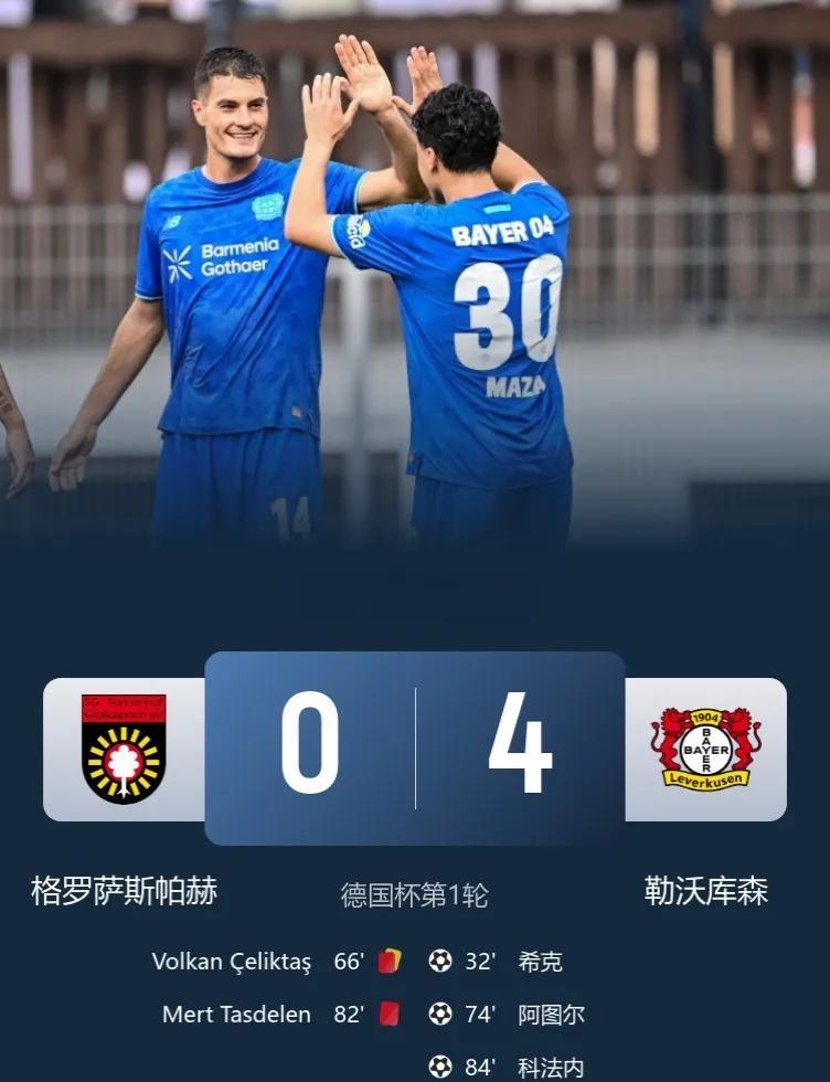 滕哈赫执教药厂取正赛开门红！
德国杯第一轮，勒沃库森客场4-0大胜九人格罗萨斯帕